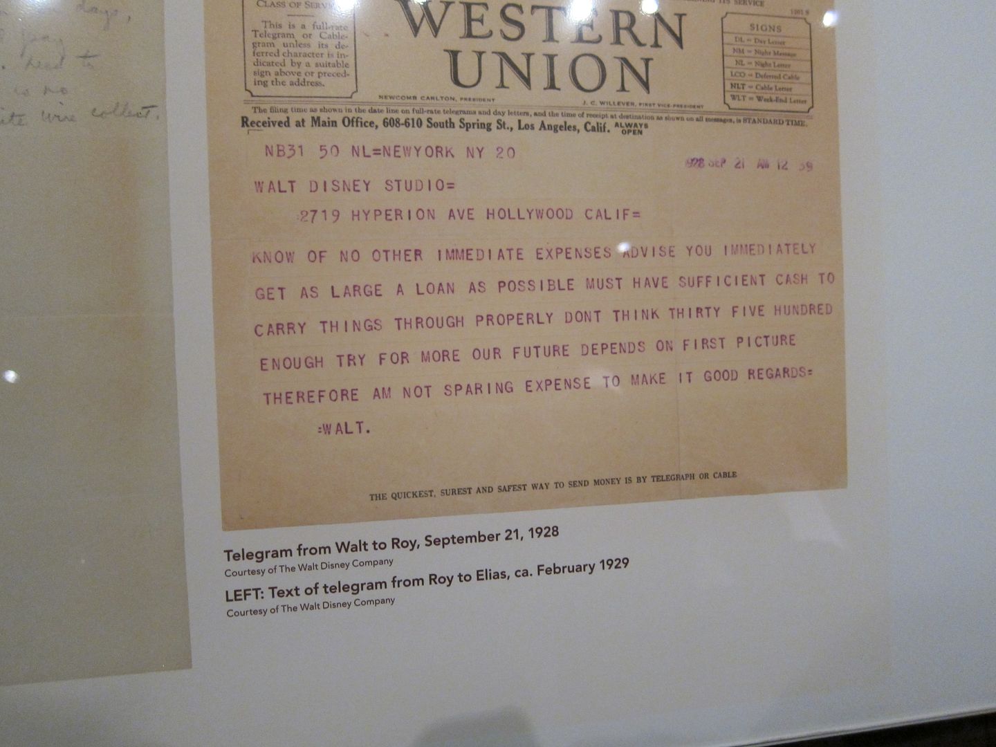Telegram from Walt to Roy | Walt Disney Family Museum