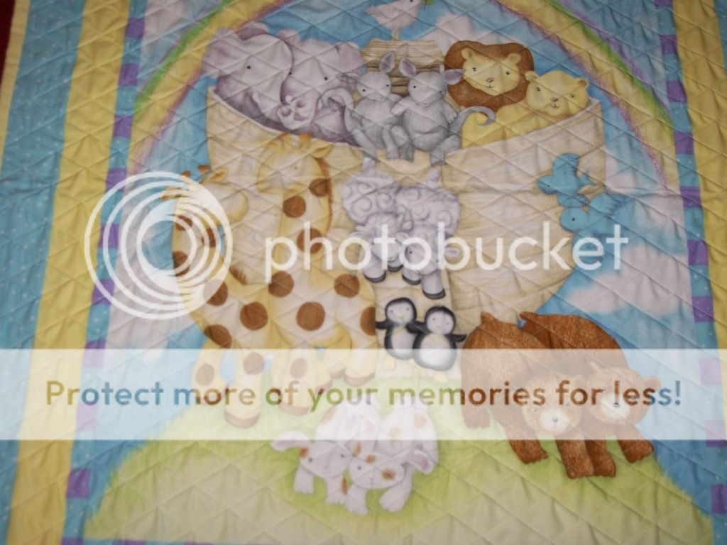 HANDMADE NOAHS JOURNEY W/ 2X2 ANIMALS 35 X 44 BABY QUILT. PASTELS 